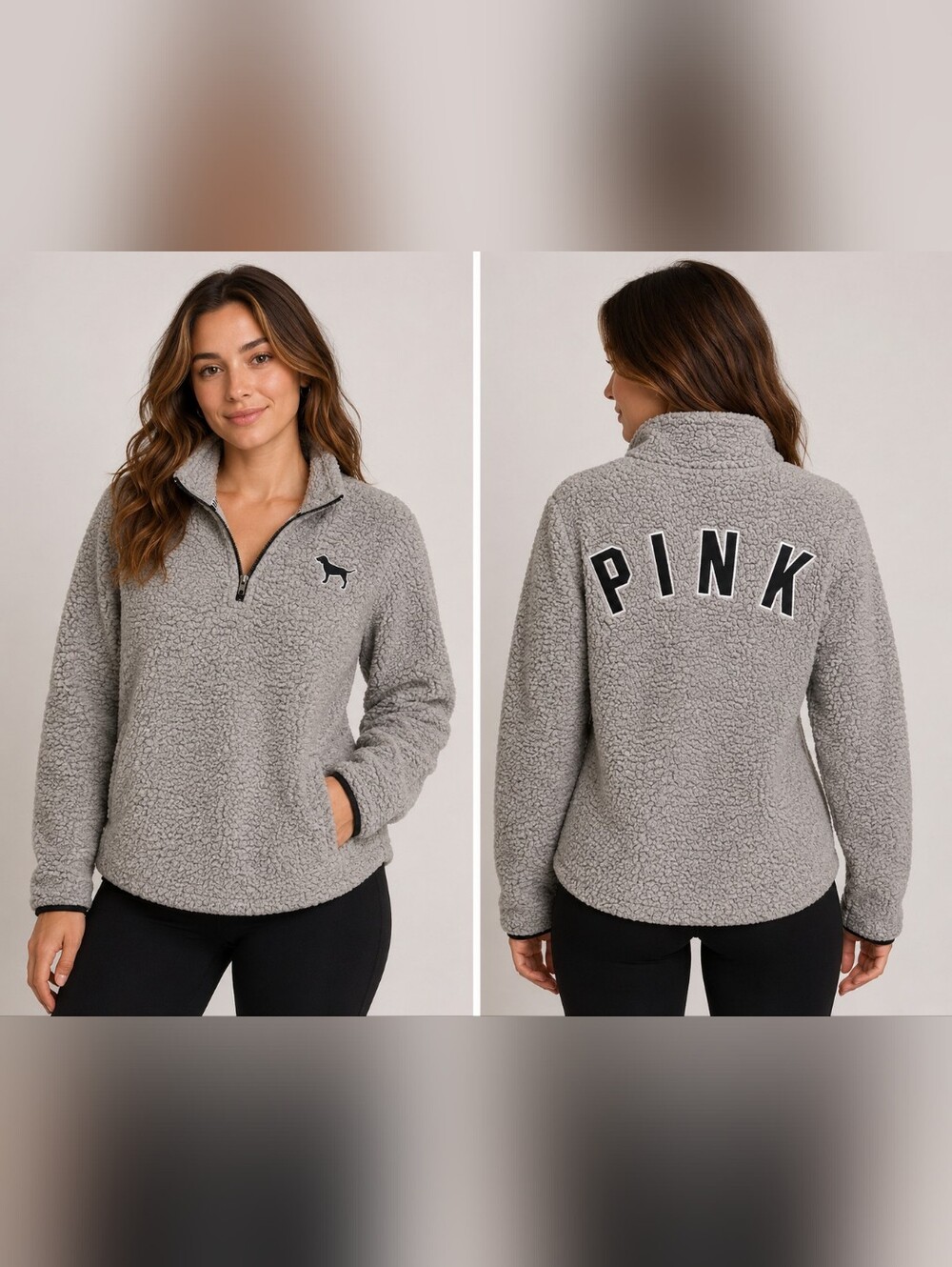 PINK Victoria's Secret Light Gray Sherpa Half-Zip Pullover